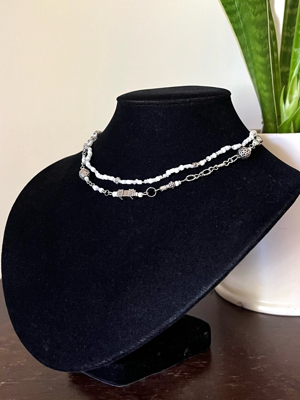 Pair of Mixed Beads White & Silver Stackable Necklaces